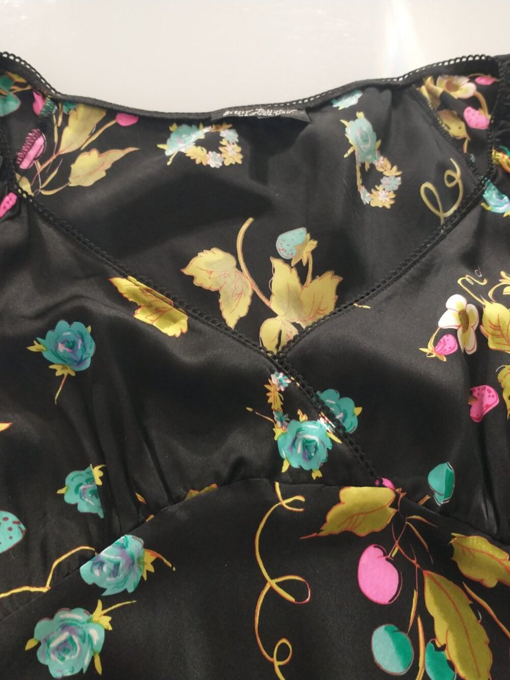 VTG 90s Betsey Johnson Black Silk Cherry Strawberry Floral Fruit Slip Midi Dress - Picture 9 of 16
